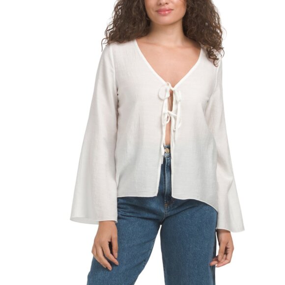 EAST OF JUNE White Tie Front Crinkle Gauze Blouse - Picture 1 of 2